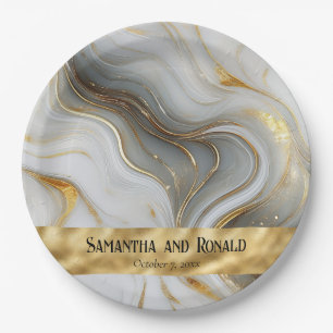 Elegant Faux Gold, White & Grey Marbled Wedding Paper Plate