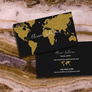 Elegant Faux Gold World Map Black Travel Agent Business Card