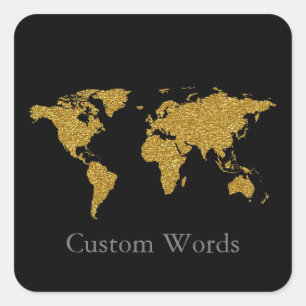 elegant faux gold world map on black square stick sticker
