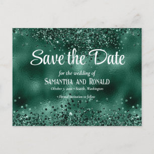 Elegant Faux Green Glitter and Foil Wedding Announcement Postcard