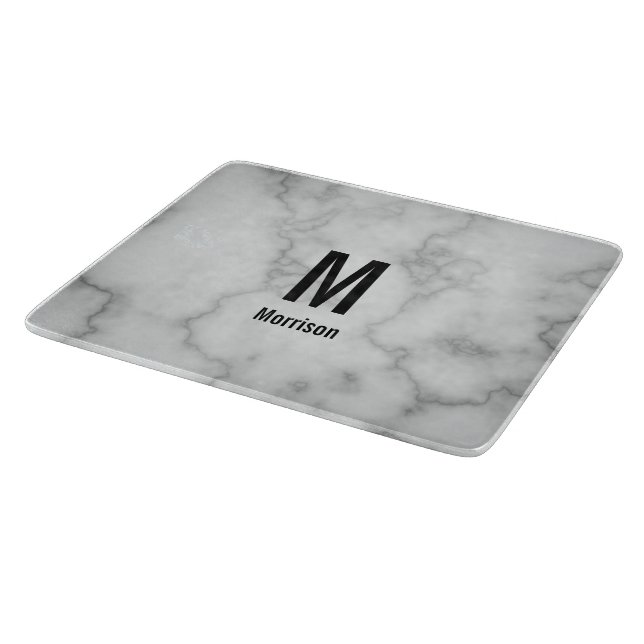 Elegant Faux Grey Marble with Name & Monogram Cutting Board (Corner)