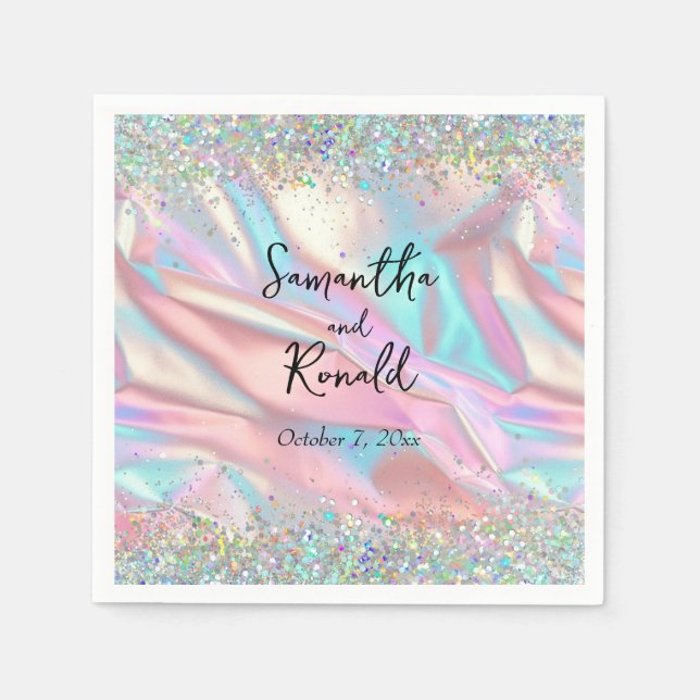Elegant Faux Iridescent Foil and Glitter Wedding Napkin (Front)