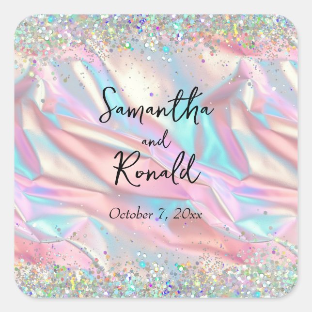 Elegant Faux Iridescent Foil and Glitter Wedding Square Sticker (Front)