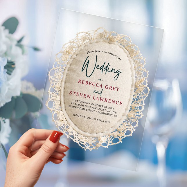 Elegant Faux Lace Frame Vintage Wedding Acrylic Invitations (Creator Uploaded)