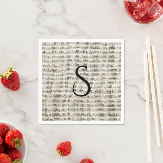 Elegant Faux Linen Black Monogram Wedding Napkin (Insitu)