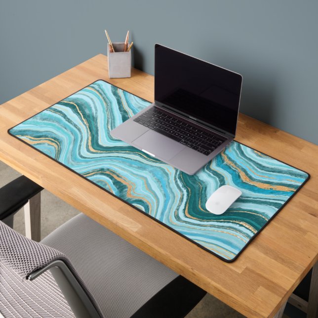 Elegant Faux Marble Blue Gold Desk Mat (Office 2)