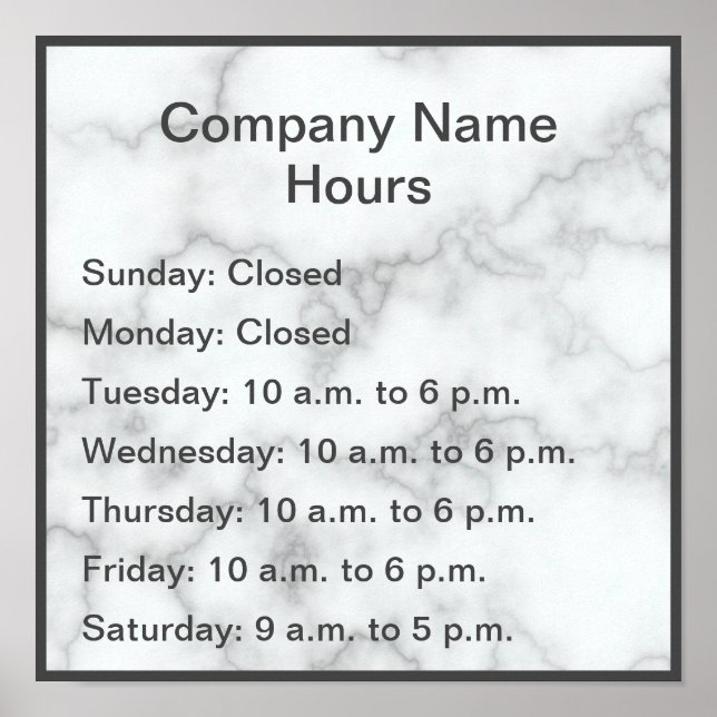 Elegant Faux Marble Hours of Operation Poster (Front)