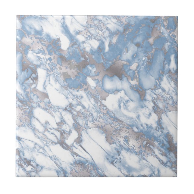 Elegant Faux Marble White Dusty Blue Silver Tile (Front)
