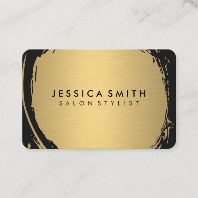 Elegant Faux Metallic Gold Brushed with Black Business Card (Front)