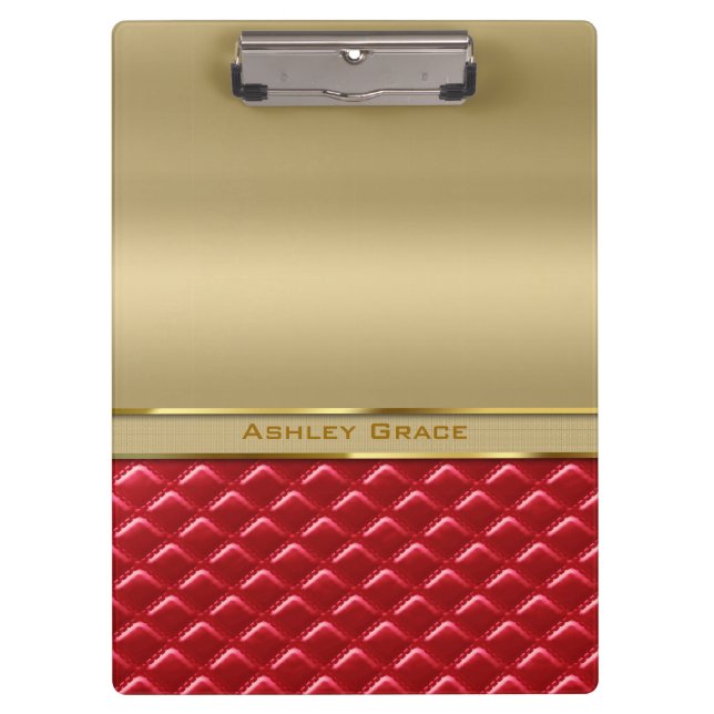 Elegant Faux Metallic Gold Quilted Red Leather Clipboard (Front)