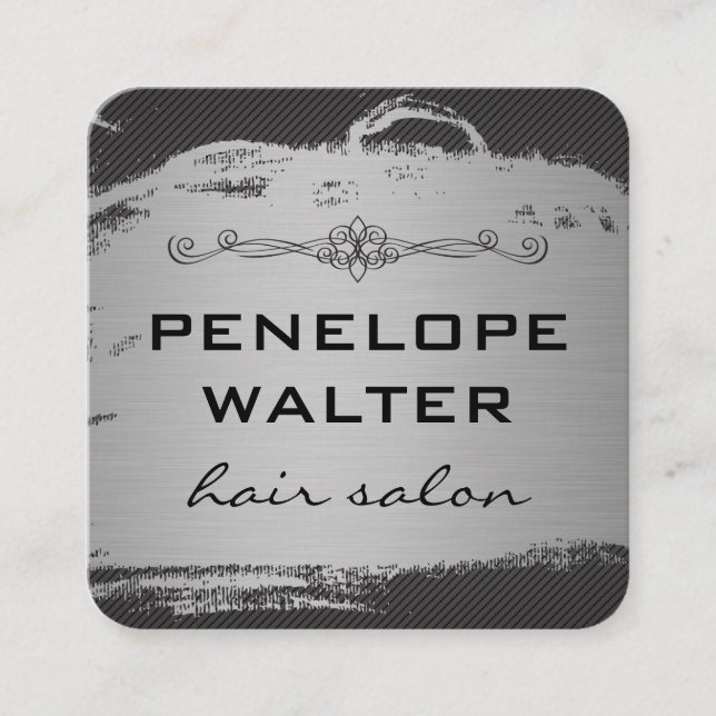Elegant Faux Metallic Silver and Pattern Square Business Card (Front)