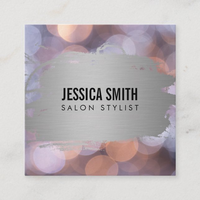 Elegant Faux Metallic Silver Brushed | Bokeh Square Business Card (Front)