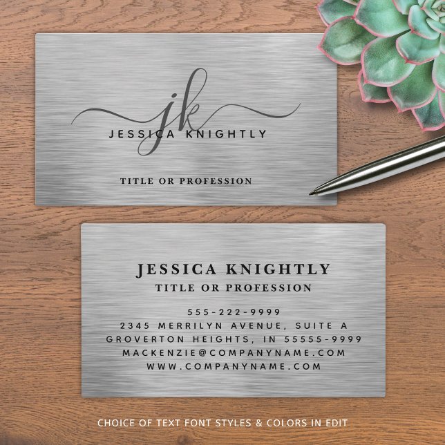 Elegant Faux Metallic Silver Script Monogram Business Card (Creator Uploaded)
