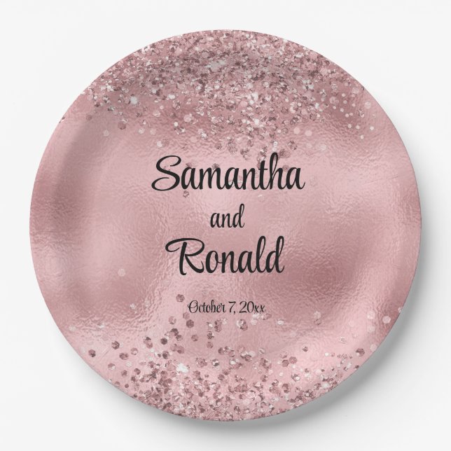 Elegant Faux Pink Glitter and Foil Wedding  Paper Plate (Front)