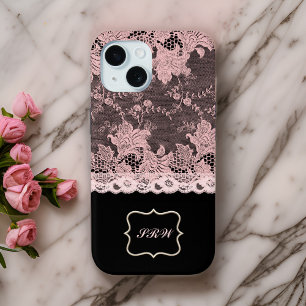 Elegant Faux Pink Lace and Black iPhone 15 Case