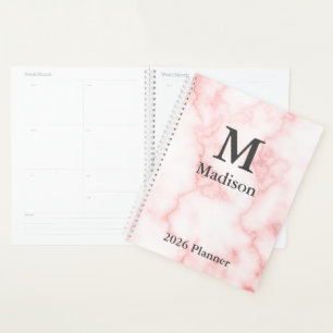 Elegant Faux Pink Marble Grey Monogram Name 2026 Planner