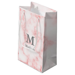 Elegant Faux Pink Marble Grey Name and Monogram Small Gift Bag