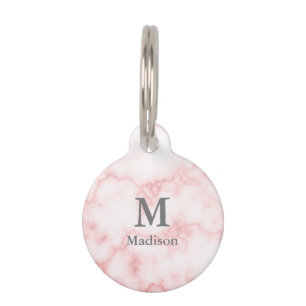 Elegant Faux Pink Marble Phone Number & Monogram Pet Tag