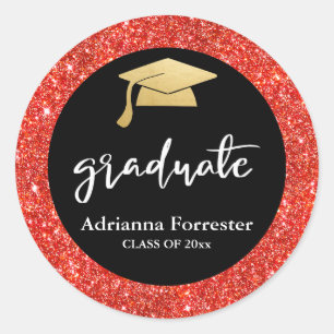 Elegant Faux Red Glitter Graduation Hat Script  Classic Round Sticker