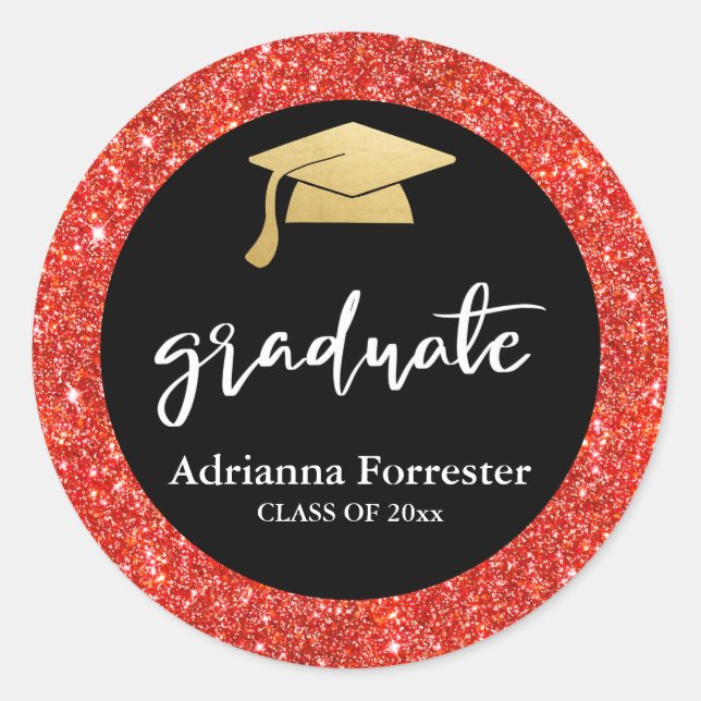 Elegant Faux Red Glitter Graduation Hat Script  Classic Round Sticker (Front)