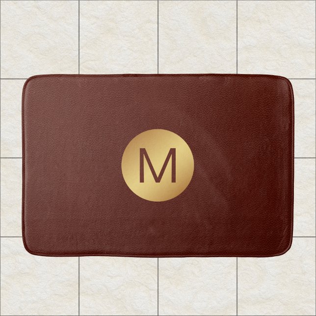 Elegant Faux Red Leather & Gold Monogram Initial  Bath Mat (Creator Uploaded)