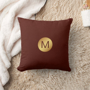 Elegant Faux Red Leather & Gold Monogram Initial Cushion