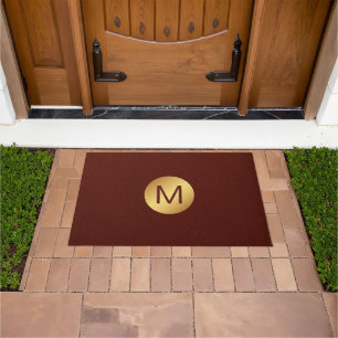 Elegant Faux Red Leather & Gold Monogram Initial Doormat