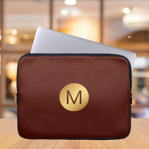 Elegant Faux Red Leather & Gold Monogram Initial Laptop Sleeve