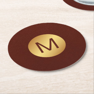 Elegant Faux Red Leather & Gold Monogram Initial  Round Paper Coaster