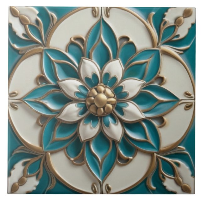 Elegant Faux Relief Floral Turquoise White & Gold Tile (Front)