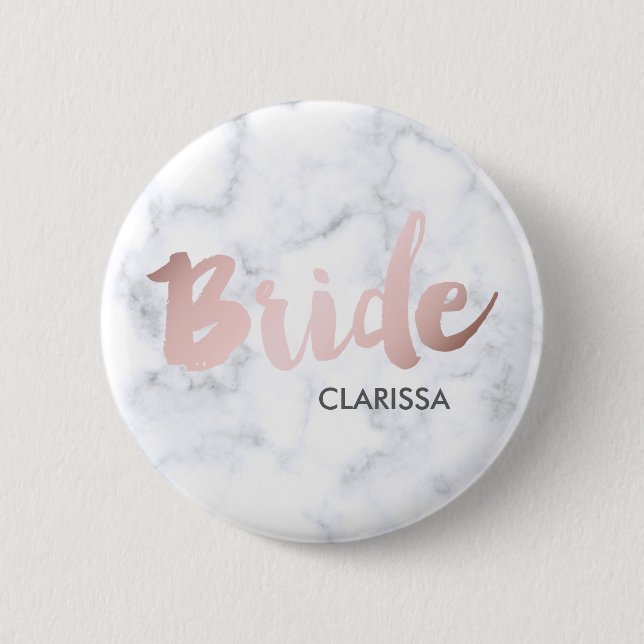 elegant faux rose gold "bride" white marble 6 cm round badge (Front)