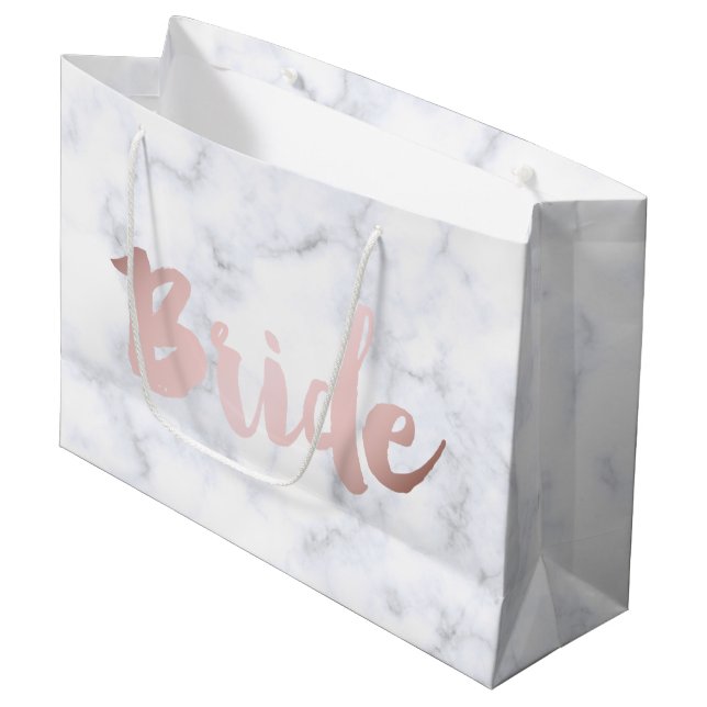 elegant faux rose gold "bride" white marble large gift bag (Front Angled)