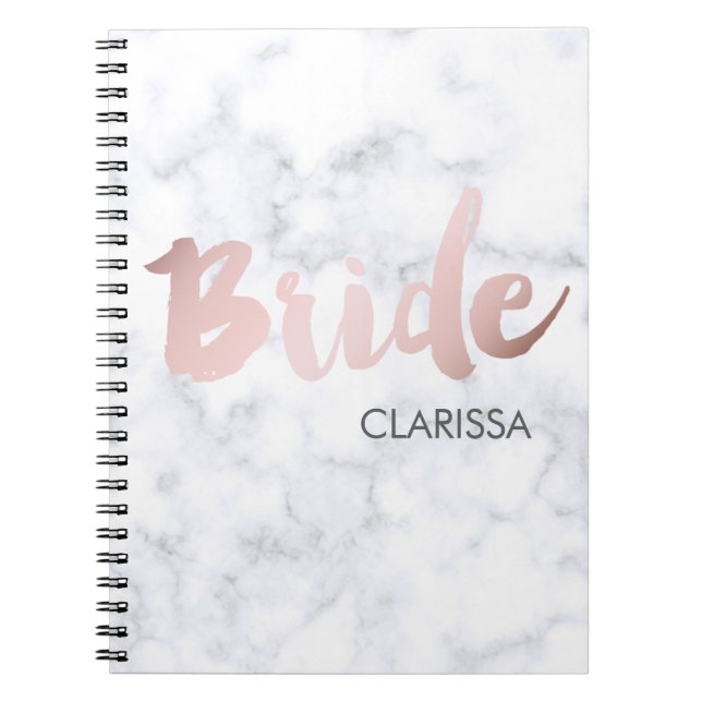 elegant faux rose gold "bride" white marble spiral notebook (Front)