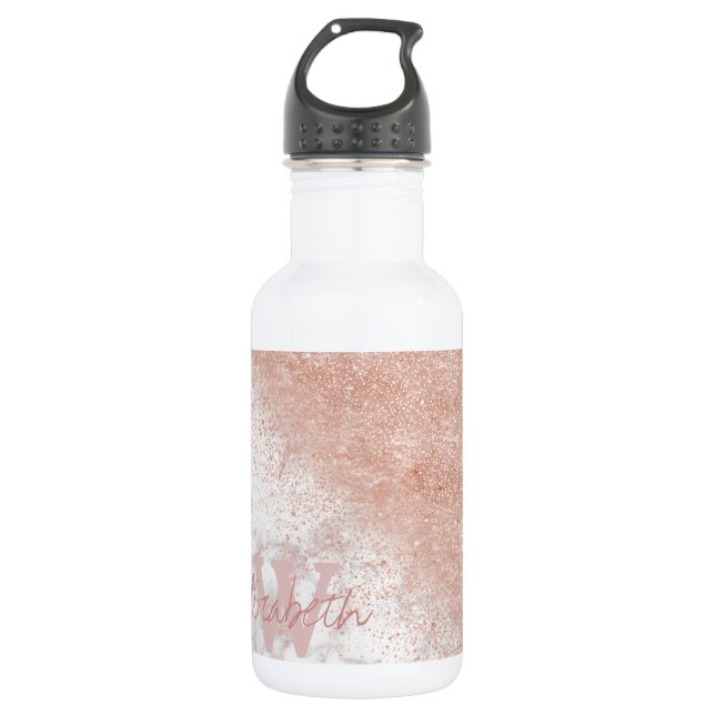 Elegant faux rose gold confetti white marble image 532 ml water bottle (Front)