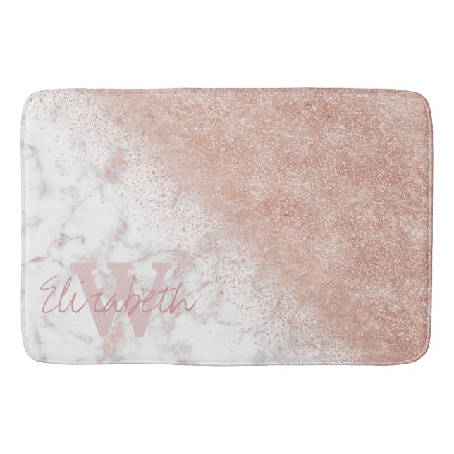 Elegant faux rose gold confetti white marble image bath mat (Front)