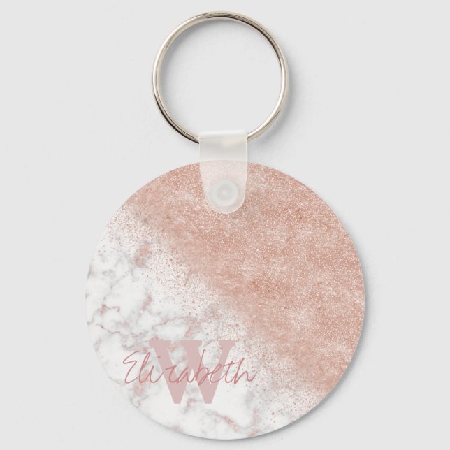 Elegant faux rose gold confetti white marble image key ring (Front)