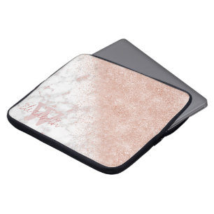 Elegant faux rose gold confetti white marble image laptop sleeve