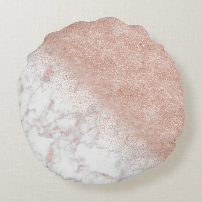 Elegant faux rose gold confetti white marble image round cushion (Back)