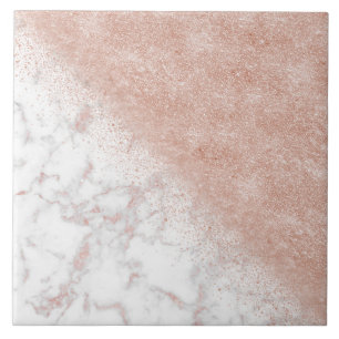 Elegant faux rose gold confetti white marble image tile