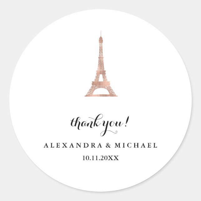 Elegant Faux Rose Gold Eiffel Tower Thank You Classic Round Sticker (Front)