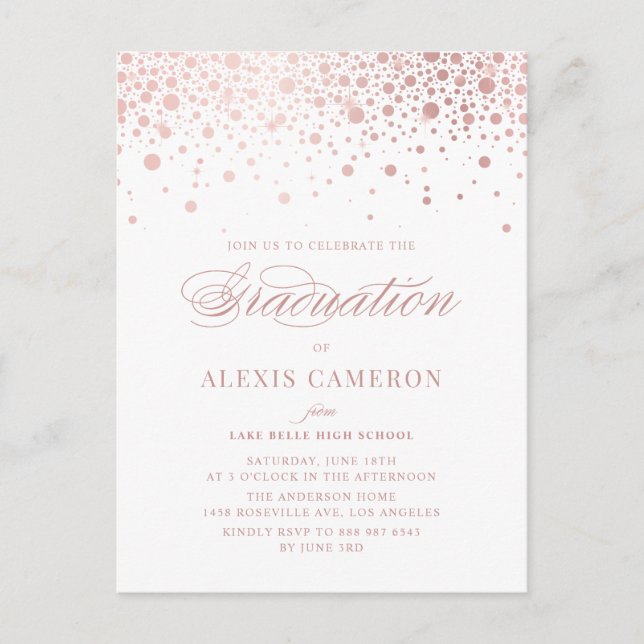 Elegant Faux Rose Gold Foil Confetti Graduation Invitation Postcard (Front)