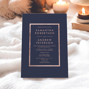 Elegant faux rose gold frame navy blue wedding invitation