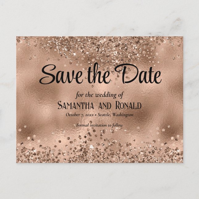 Elegant Faux Rose Gold Glitter and Foil Wedding Announcement Postcard (Front)