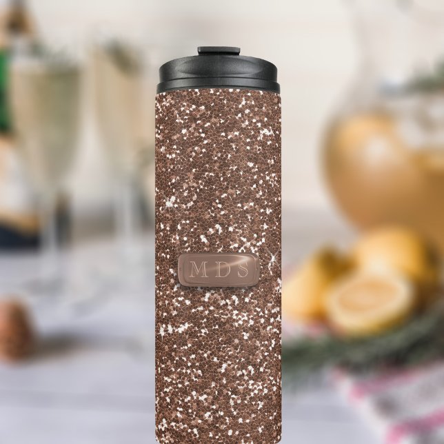 Elegant Faux Rose Gold Glitter Monogrammed Thermal Tumbler (A faux rose glitter thermal tumbler with space for your initials. Sparkles without the messy fingers)