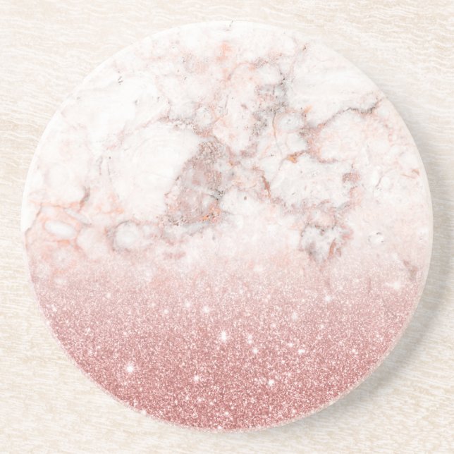 Elegant Faux Rose Gold Glitter White Marble Ombre Coaster (Front)