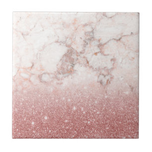 Elegant Faux Rose Gold Glitter White Marble Ombre Tile