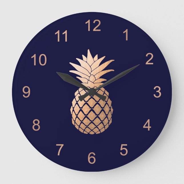 Elegant Faux Rose Gold Pineapple on Navy Blue Large Clock (Front)