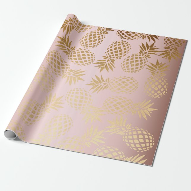 elegant faux rose gold tropical pineapple pattern wrapping paper (Unrolled)