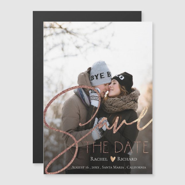 Elegant Faux Rose Gold Wedding Photo Save The Date Magnetic Invitation (Front/Back)
