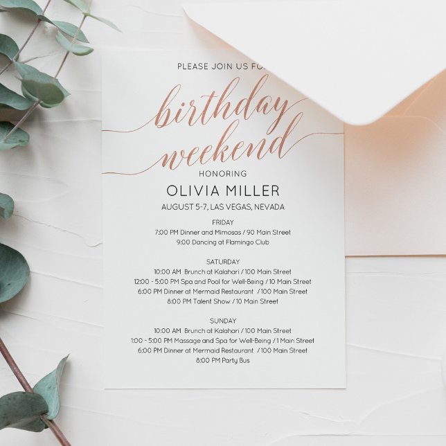 Elegant Faux Rose Gold Weekend Birthday Itinerary  Invitation (Creator Uploaded)